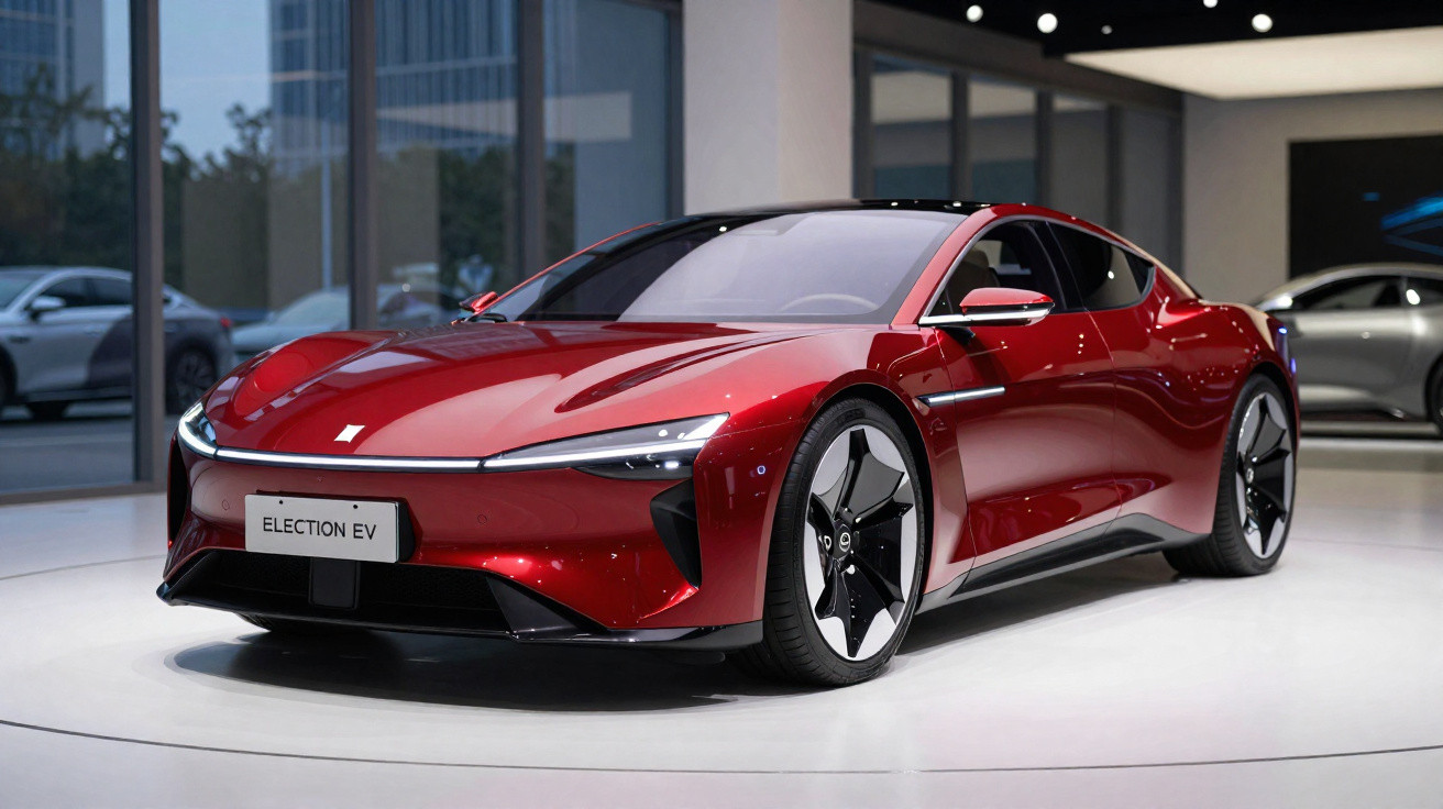 Carro elétrico esportivo vermelho com design moderno em exposição dentro de showroom.