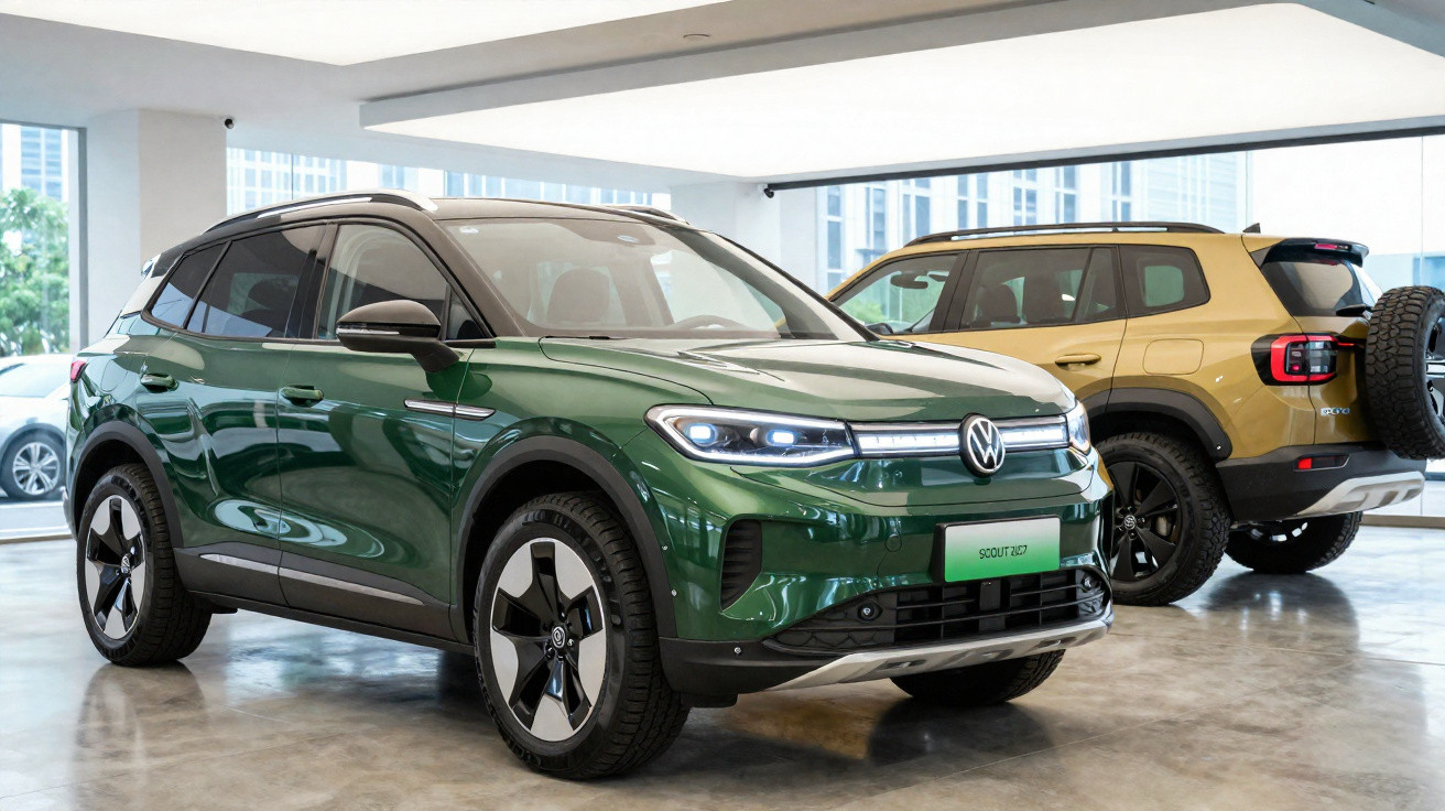 Dois carros SUV estacionados em showroom, um verde Volkswagen e outro amarelo com estepe na traseira.