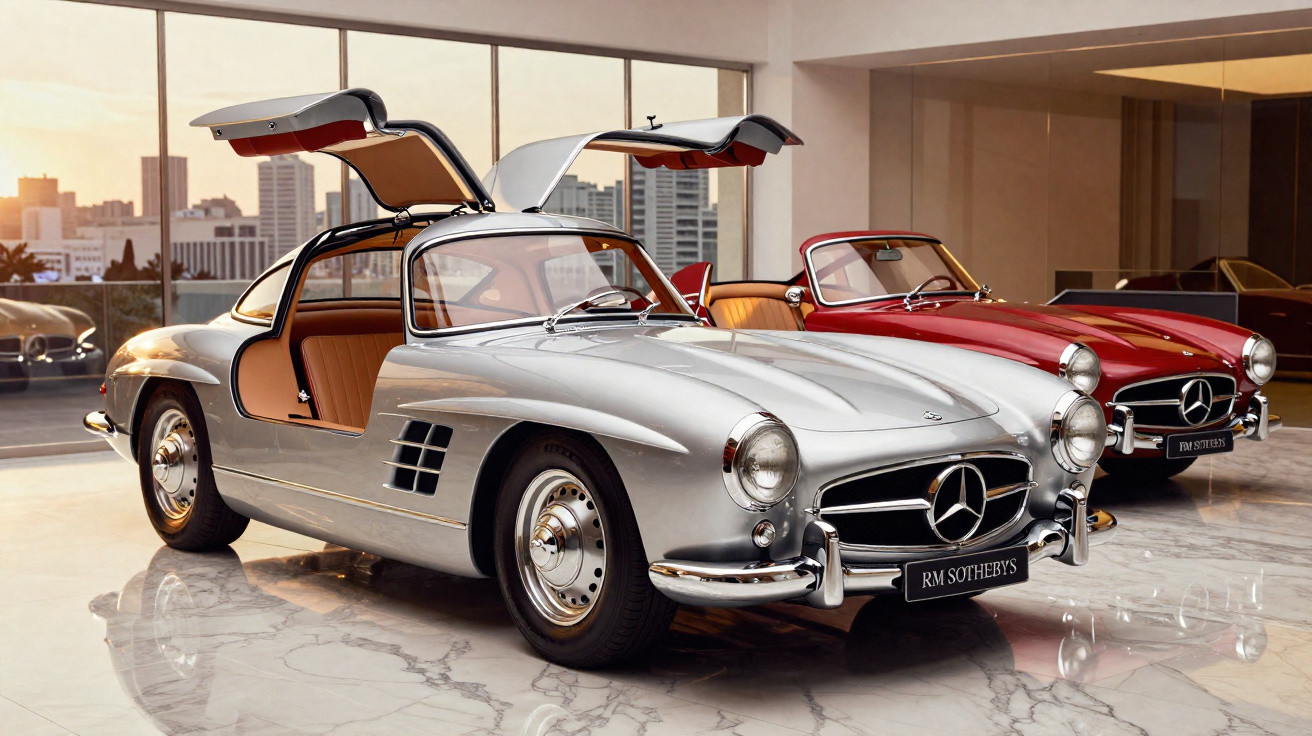 Carros Mercedes-Benz clássicos prateado com portas asa de gaivota abertas e conversível vermelho em showroom.