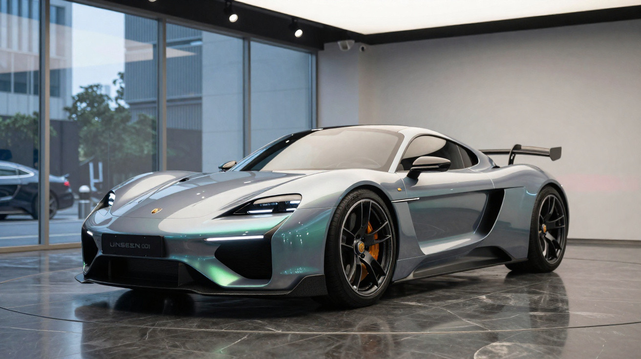 Carro esportivo prata Porsche Unseen 001 em showroom com piso brilhante e parede branca.