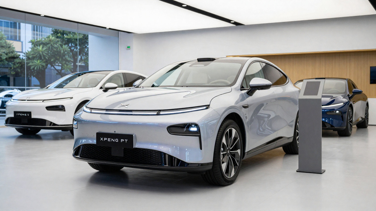 Três carros elétricos modernos expostos em showroom com piso cinza e parede de madeira.