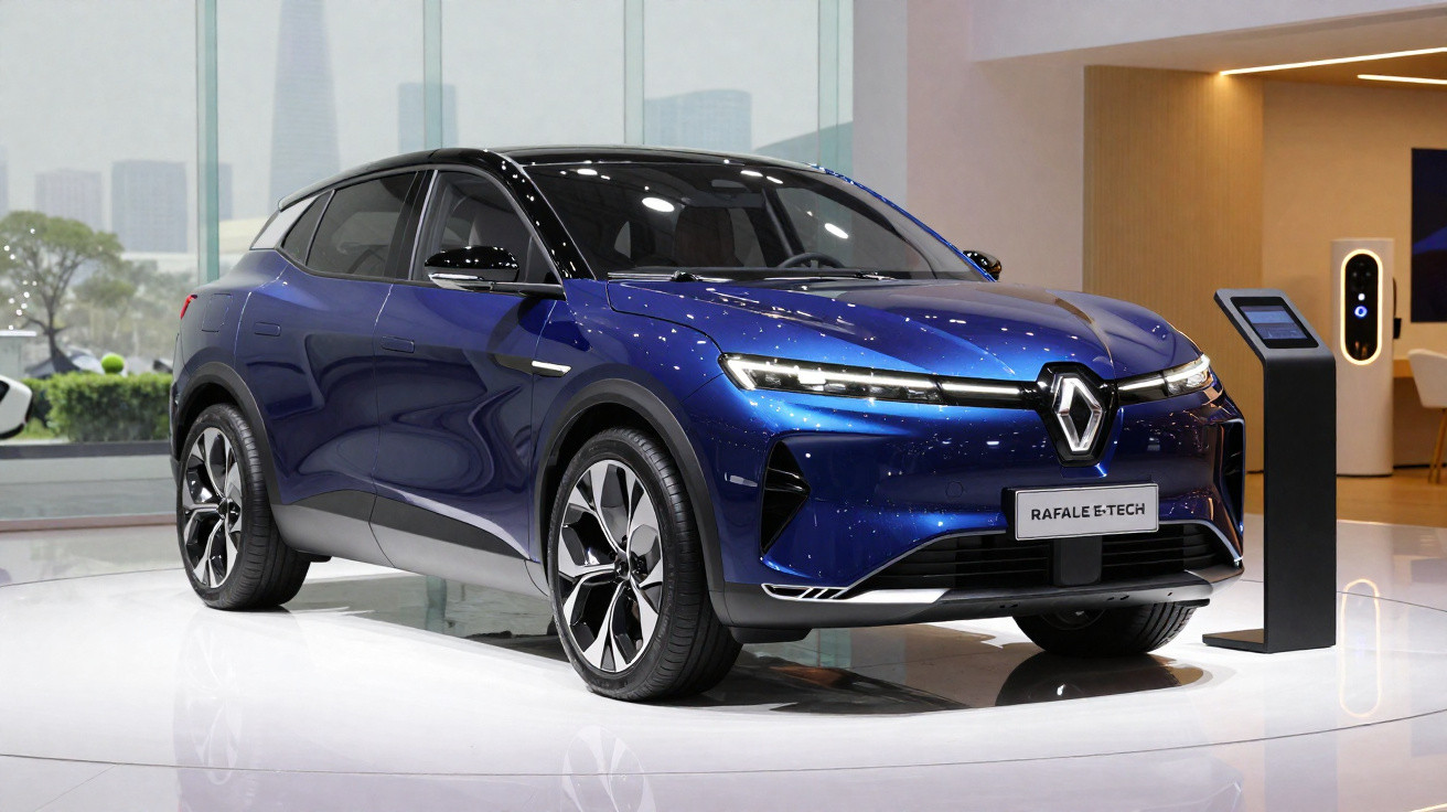 Carro elétrico azul Renault Rafale E-Tech exibido em salão automotivo moderno com carregador ao lado.