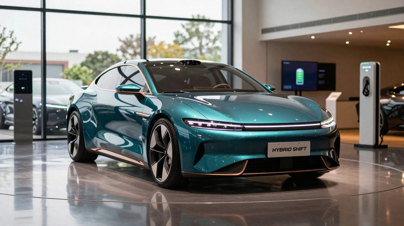 Carro elétrico esportivo verde em exposição dentro de showroom moderno com estação de recarga ao lado.