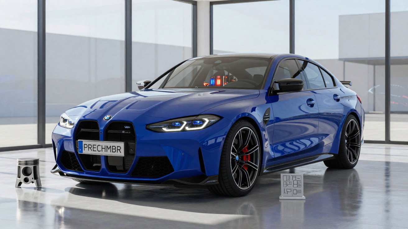 Carro esportivo BMW azul estacionado em ambiente interno com estrutura de metal e vidros.
