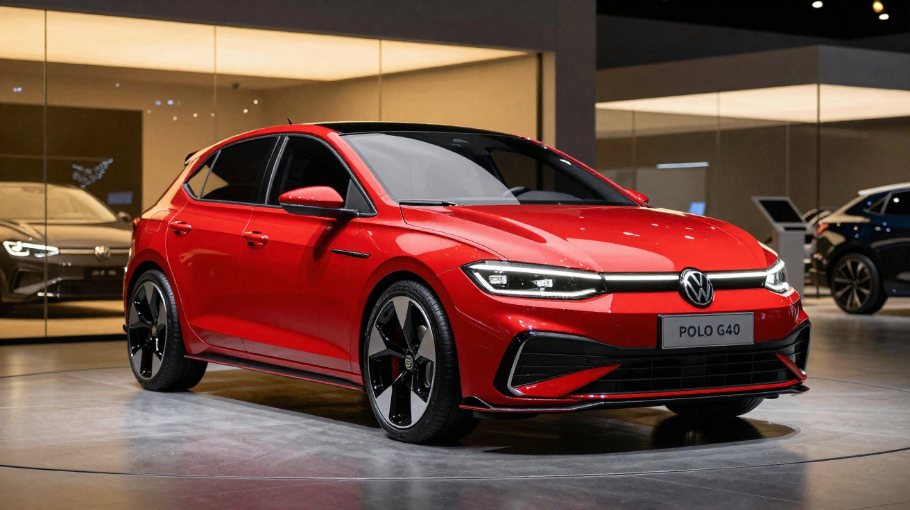 Carro Volkswagen Polo G40 vermelho em exposição com destaque para design moderno e rodas esportivas.