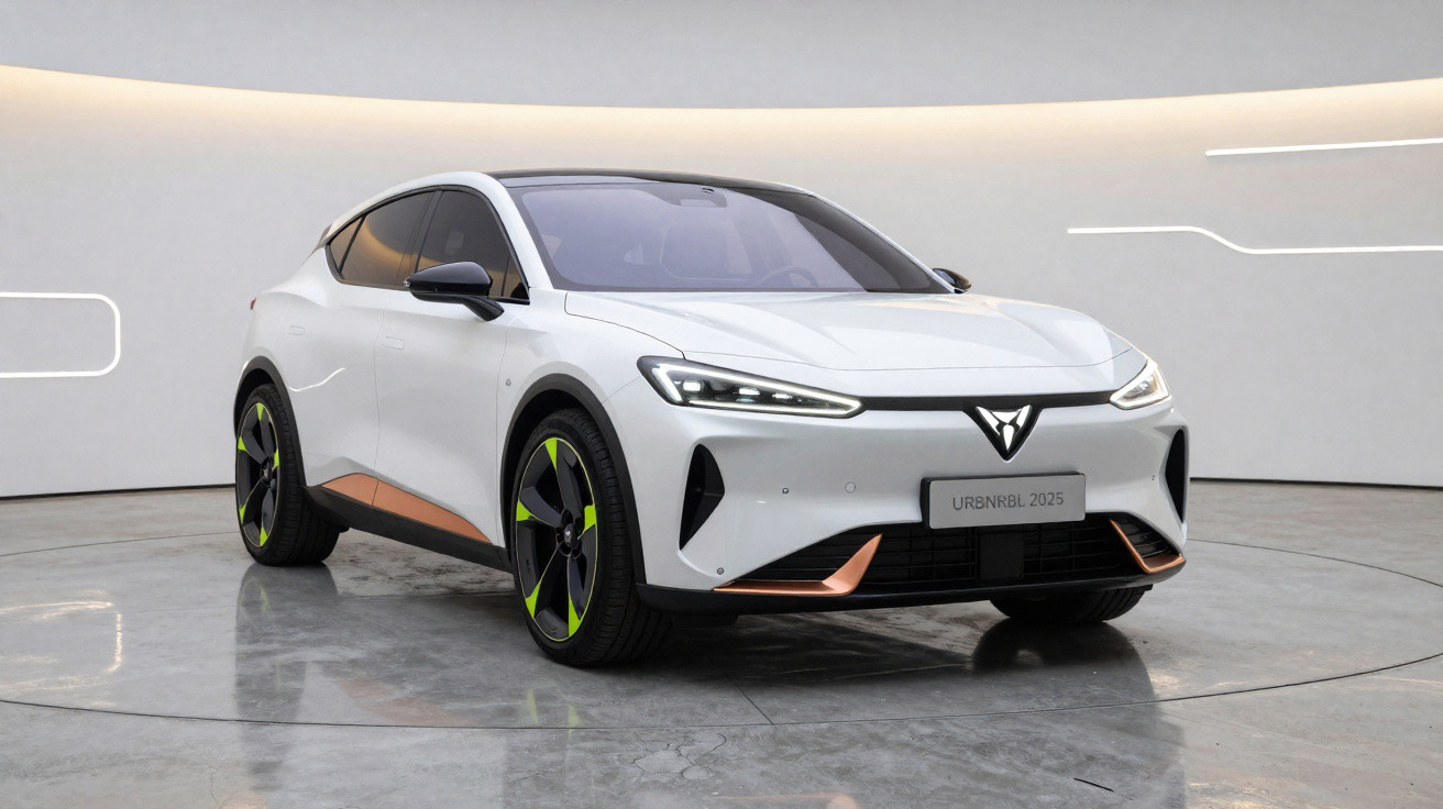 Carro elétrico branco Cupra UrbanRebel 2025 em ambiente interno minimalista e moderno.
