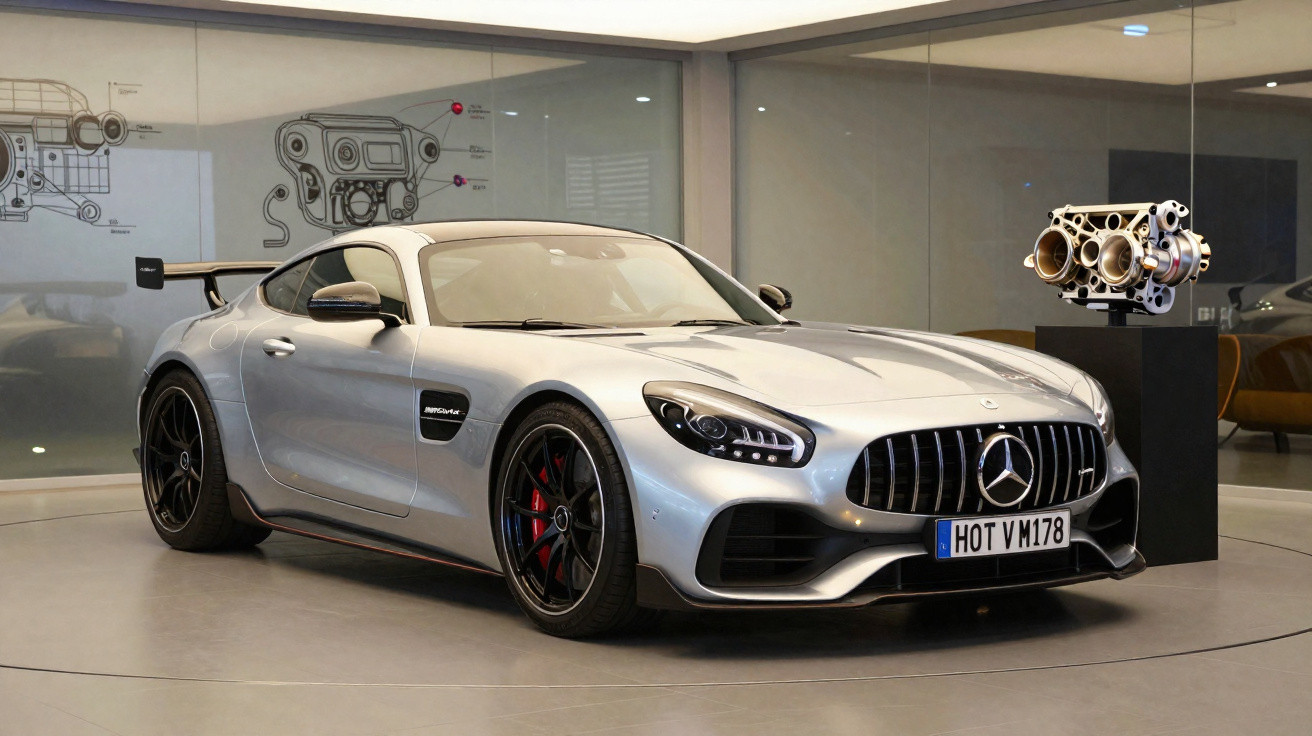 Carro esportivo prata Mercedes-Benz AMG GT posicionado em exibição interna com motor em pedestal ao lado.
