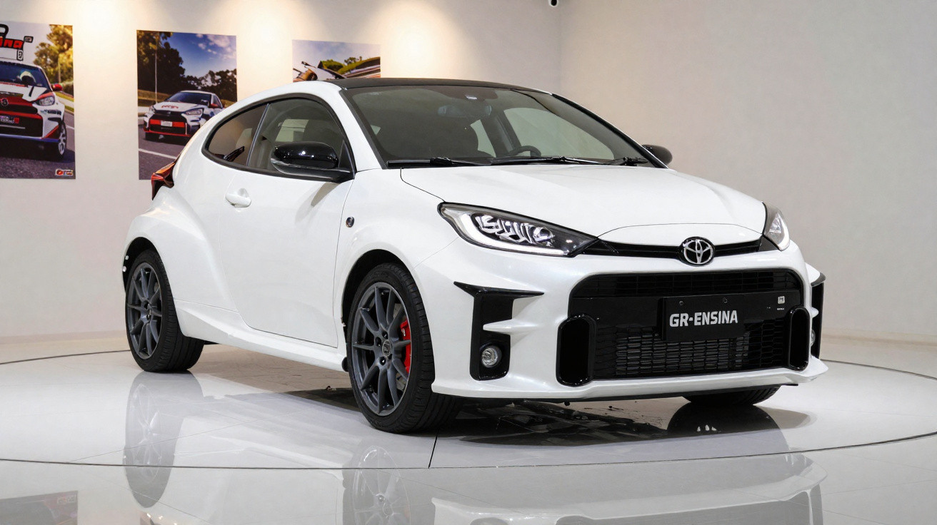 Carro esportivo Toyota branco exibido em plataforma giratória dentro de showroom moderno.