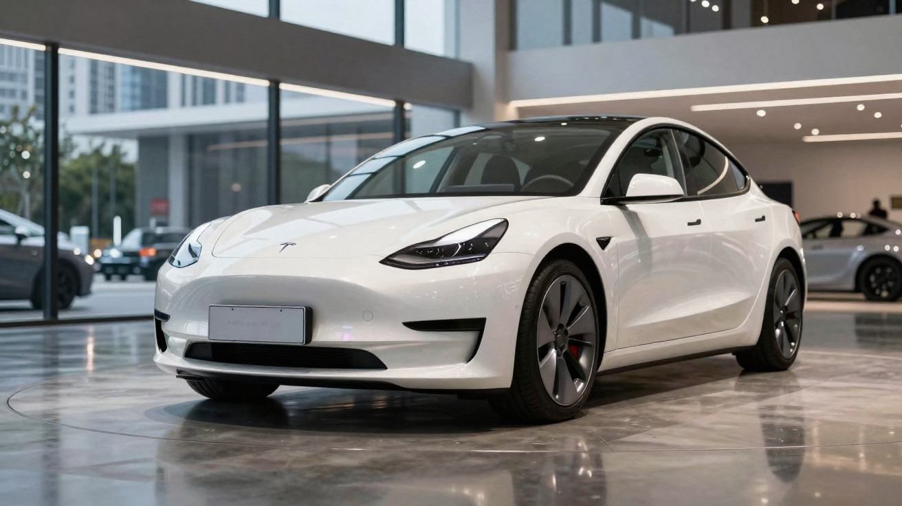 Carro elétrico Tesla branco estacionado em showroom com fundo de janelas e outra viatura.
