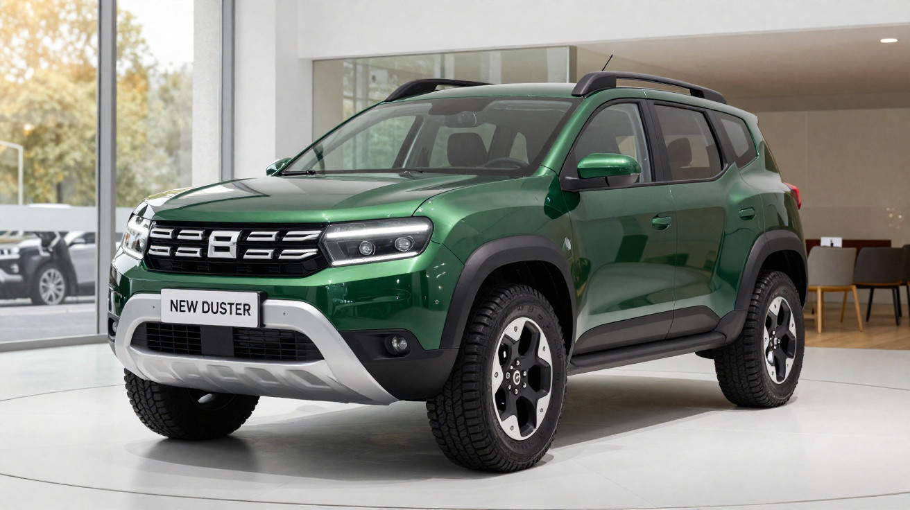 SUV verde New Duster estacionado em showroom moderno com rodas pretas e detalhes em prata.