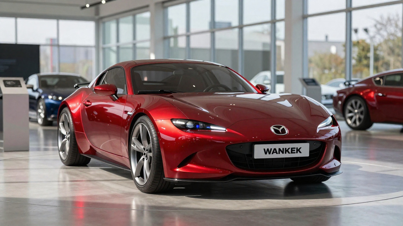 Carro esportivo Mazda vermelho estacionado em showroom moderno com teto e paredes de vidro.