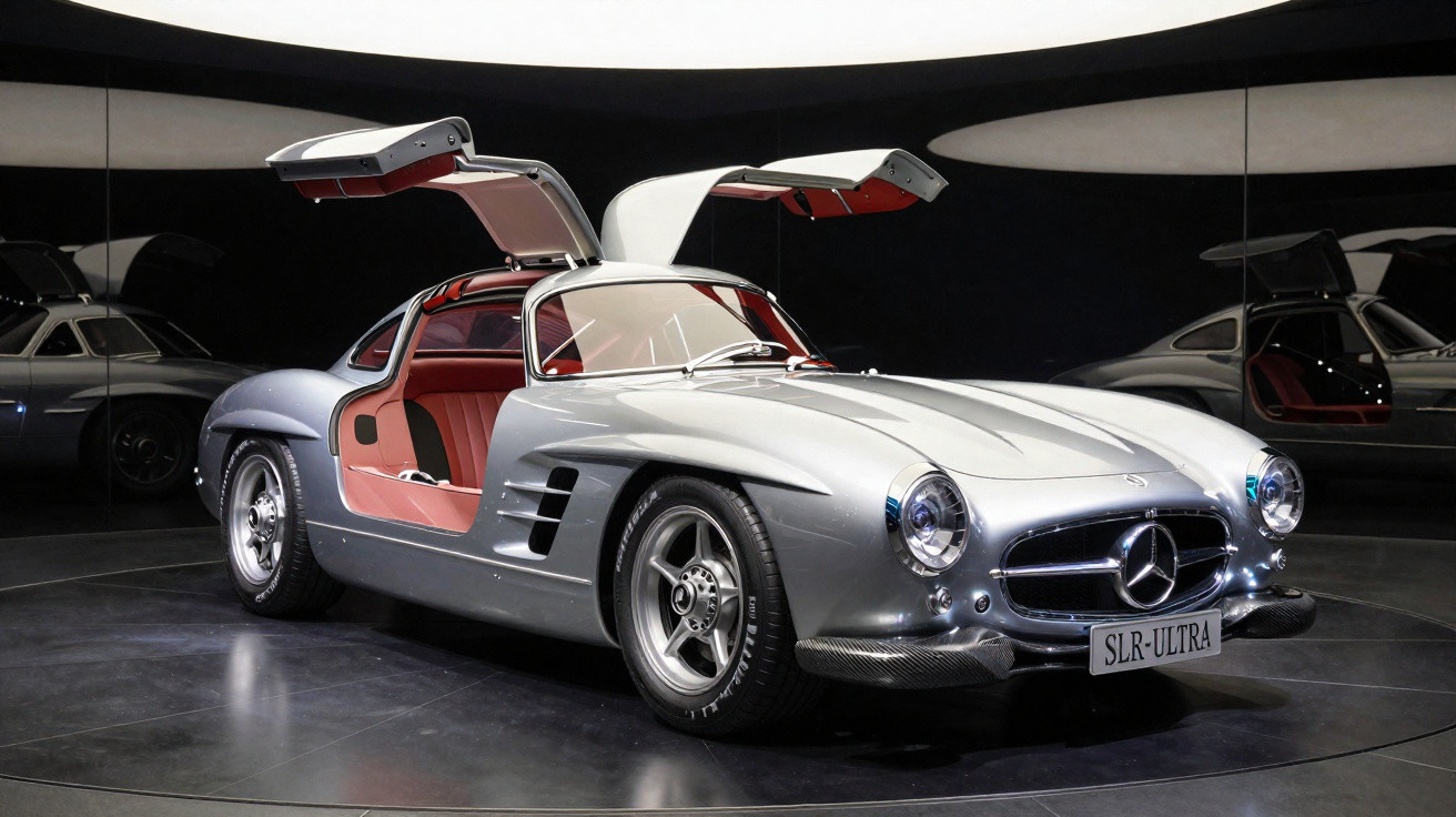 Carro clássico Mercedes-Benz prata com portas asa de gaivota abertas exibido em ambiente escuro.