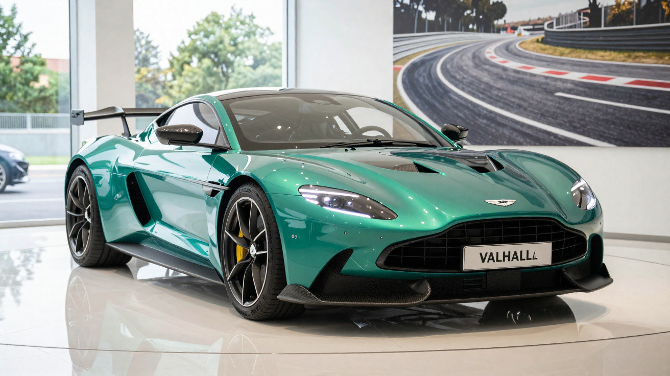 Carro esportivo verde Aston Martin Valhalla em exposição dentro de showroom moderno.