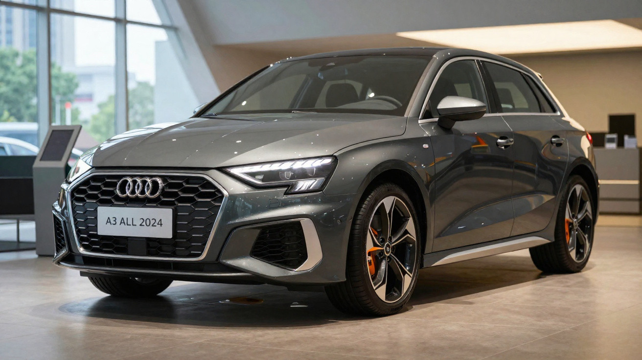 Carro Audi A3 All 2024 cinza em exposição interna com detalhes em LED e rodas esportivas.