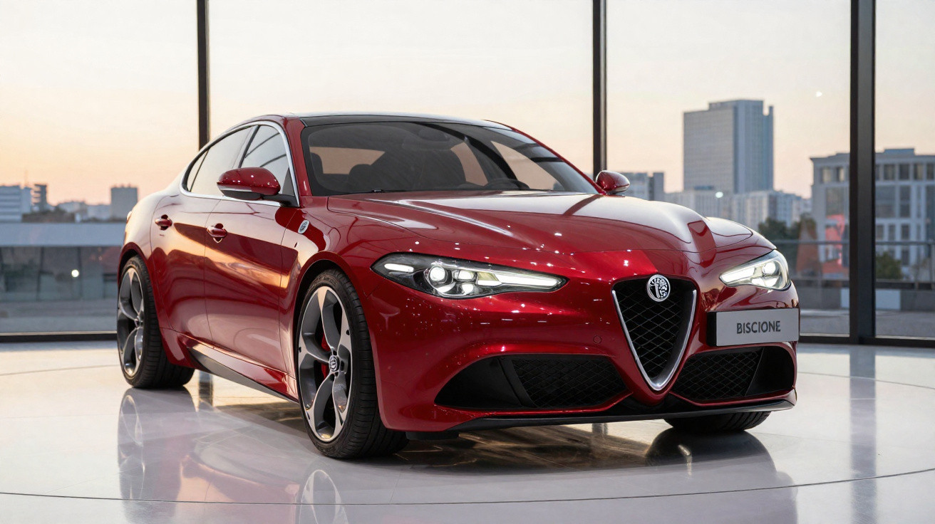 Carro esportivo vermelho Alfa Romeo Biscione estacionado em piso branco com fundo de janelas e cidade ao entardecer.