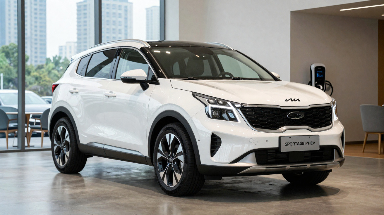SUV branco Kia Sportage PHEV exibido em showroom moderno com janelas grandes e vista urbana ao fundo.