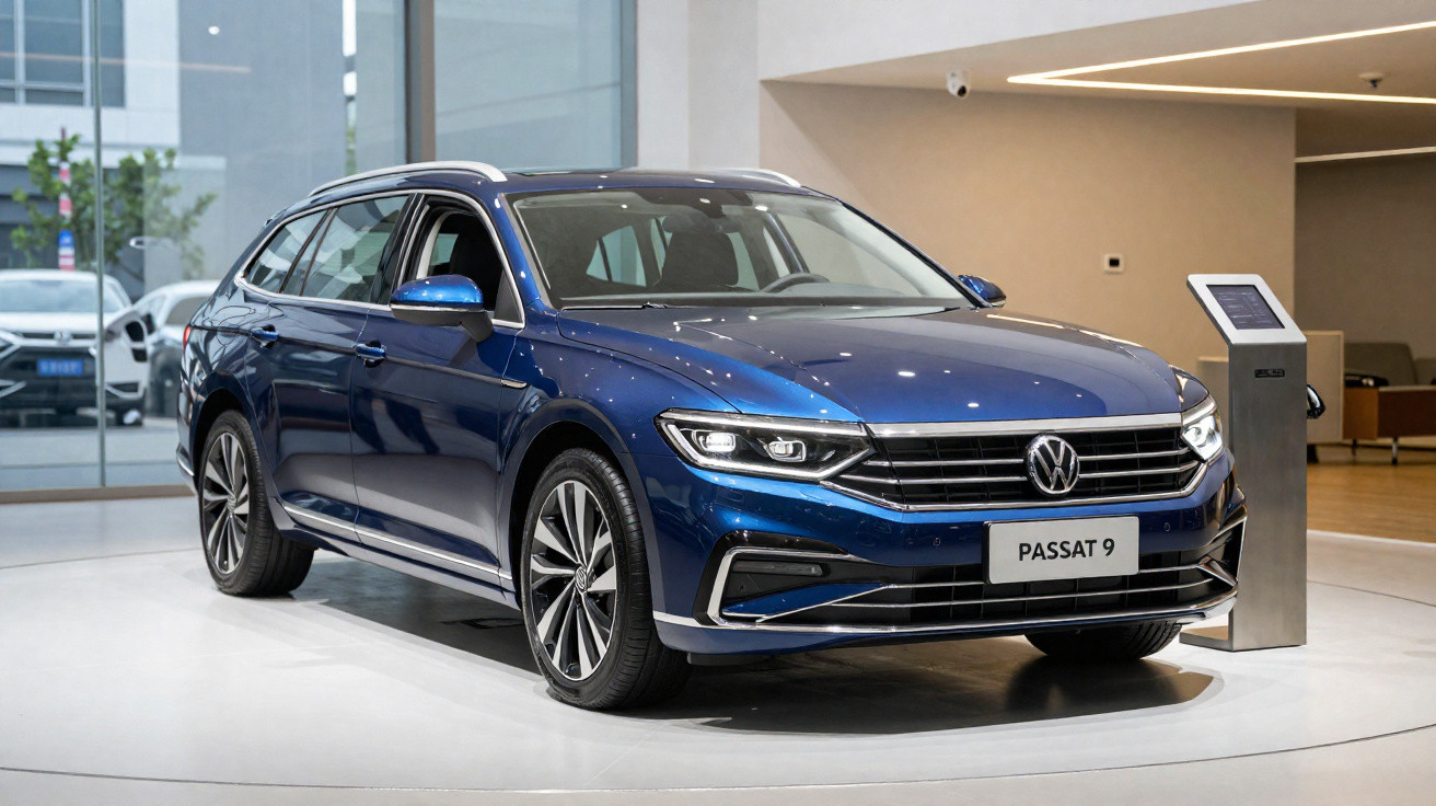 Carro Volkswagen Passat 9 azul em exposição em showroom moderno e iluminado