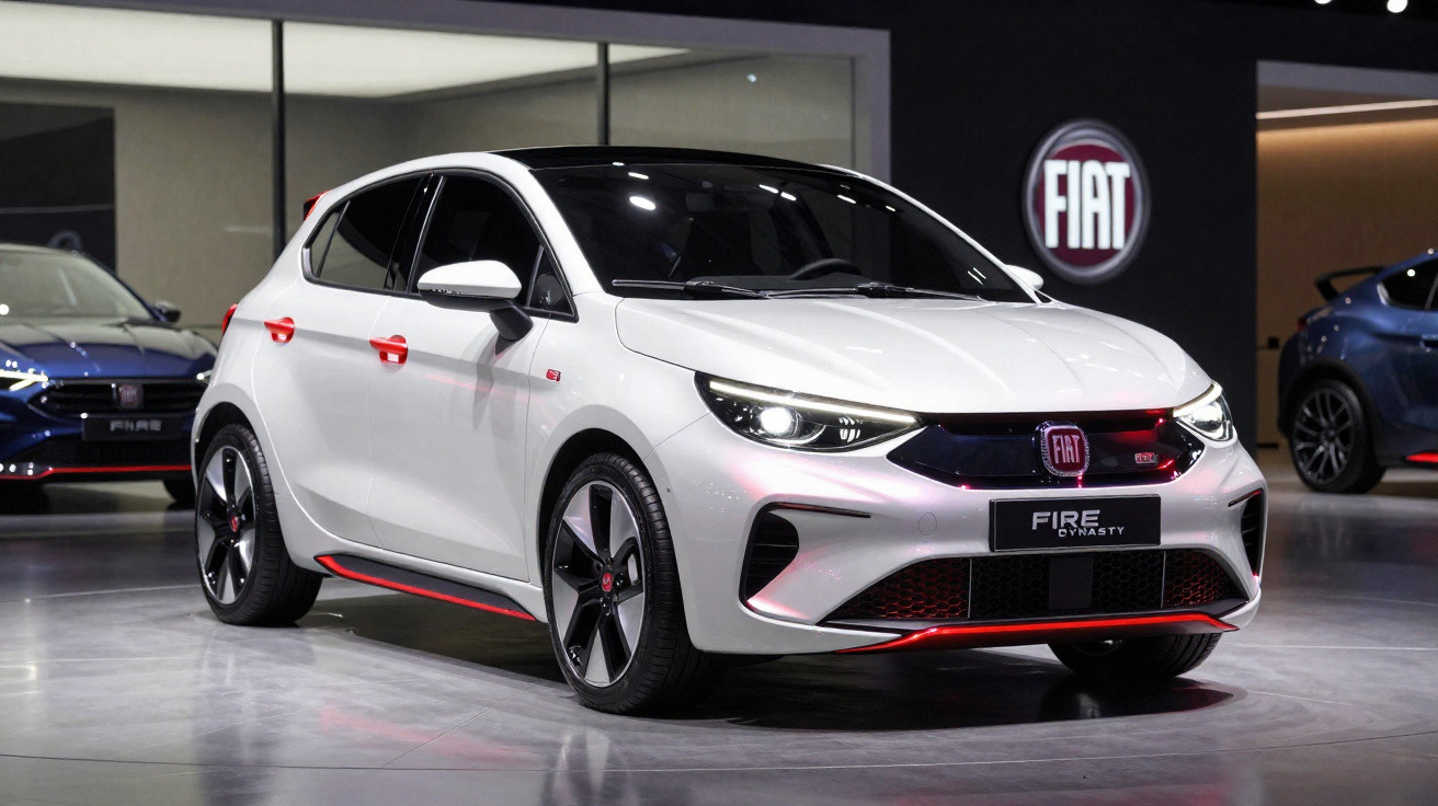 Carro branco Fiat Fire Dynasty em exposição, com detalhes em vermelho e faróis acesos.
