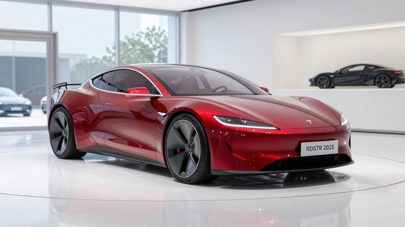 Carro esportivo elétrico vermelho em exposição em ambiente moderno com piso branco e grandes janelas.