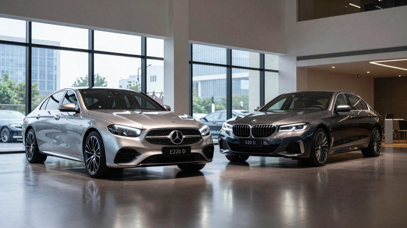 Dois carros de luxo, Mercedes E220D prata e BMW 520D preta, exibidos em showroom moderno com vidro.