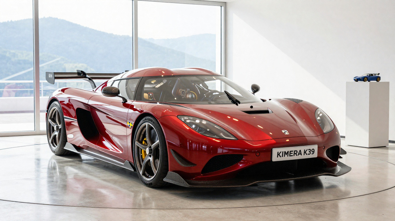 Carro esportivo vermelho Koenigsegg Kimera K39 exposto em ambiente interno com piso de concreto.