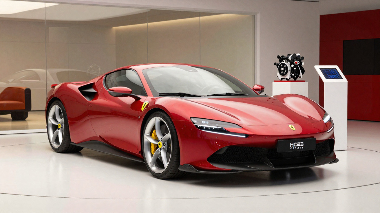 Carro esportivo vermelho Ferrari HC29 em exposição em ambiente interno moderno.
