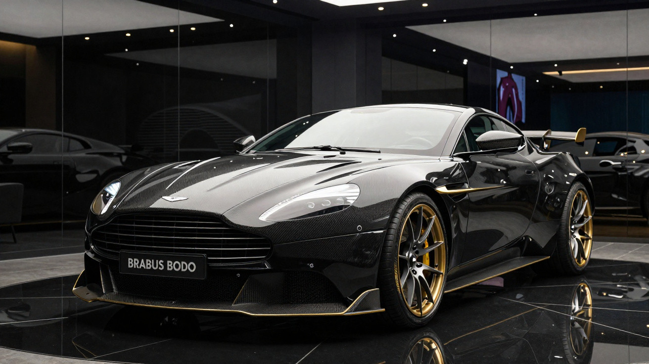 Carro esportivo preto Brabus Bodo com detalhes dourados em showroom moderno com reflexos no piso.
