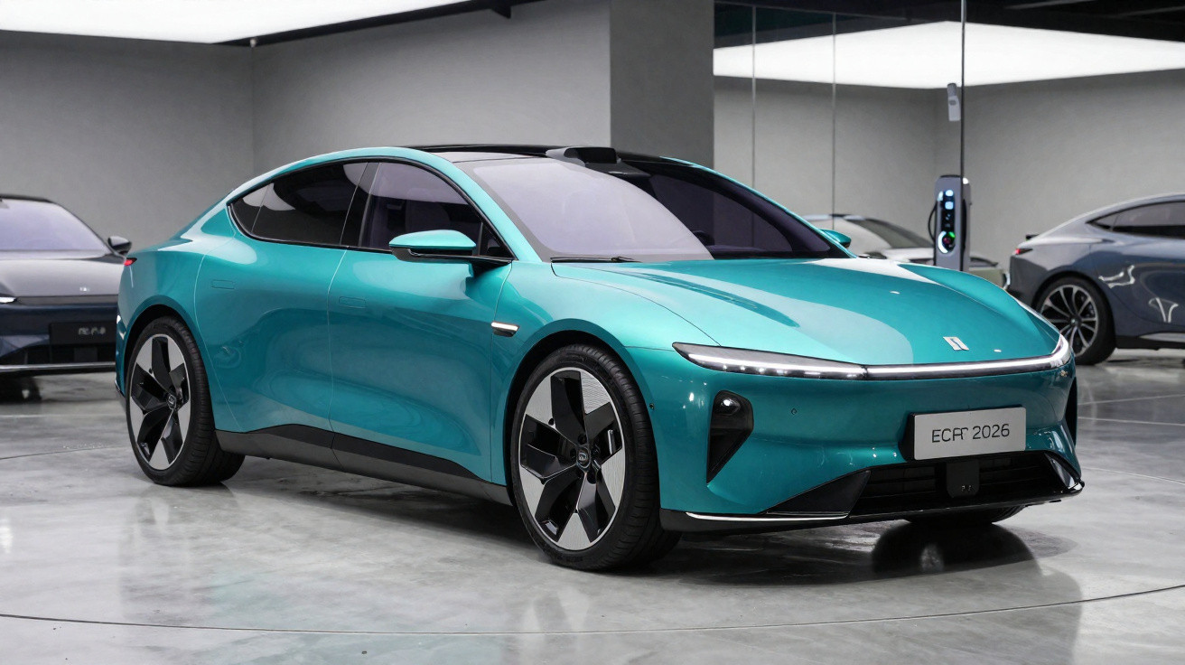 Carro elétrico esportivo azul turquesa estacionado em garagem moderna com paredes espelhadas.