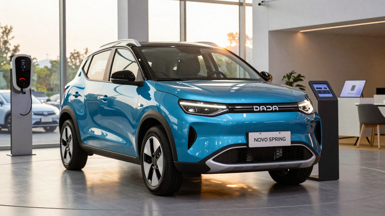 Carro elétrico azul Dada Novo Spring exposto em showroom moderno com estações de carregamento.
