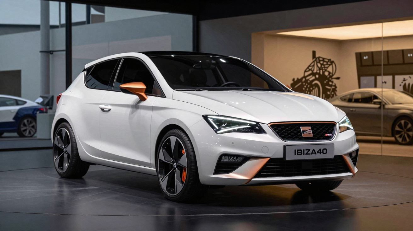 Carro branco esportivo Seat Ibiza 40 estacionado em ambiente interno moderno e iluminado.