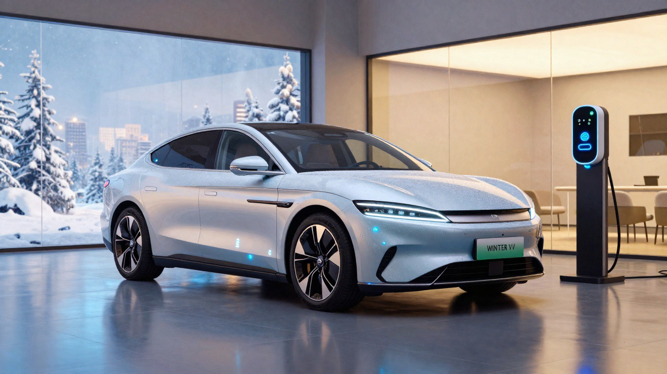 Carro elétrico prata moderno estacionado em ambiente interno próximo a estação de carregamento.