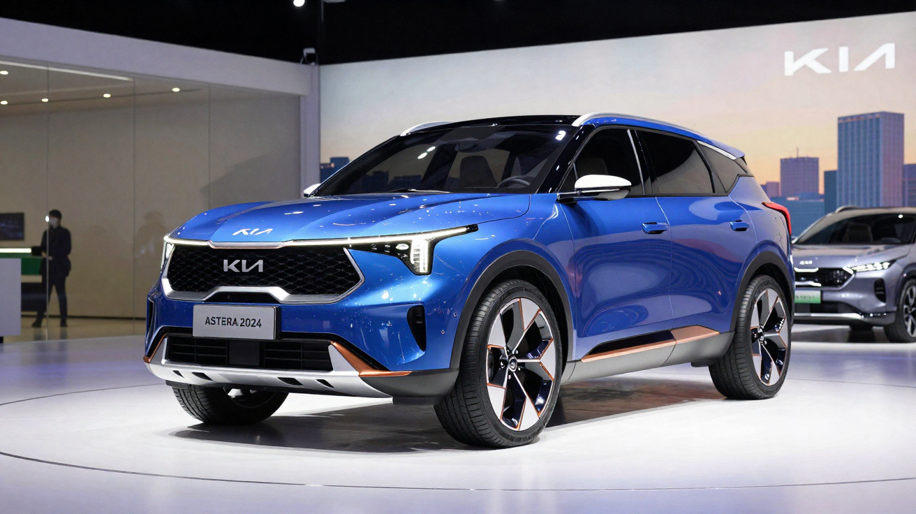 SUV Kia Astera 2024 azul exposto em ambiente interno com logo Kia ao fundo.