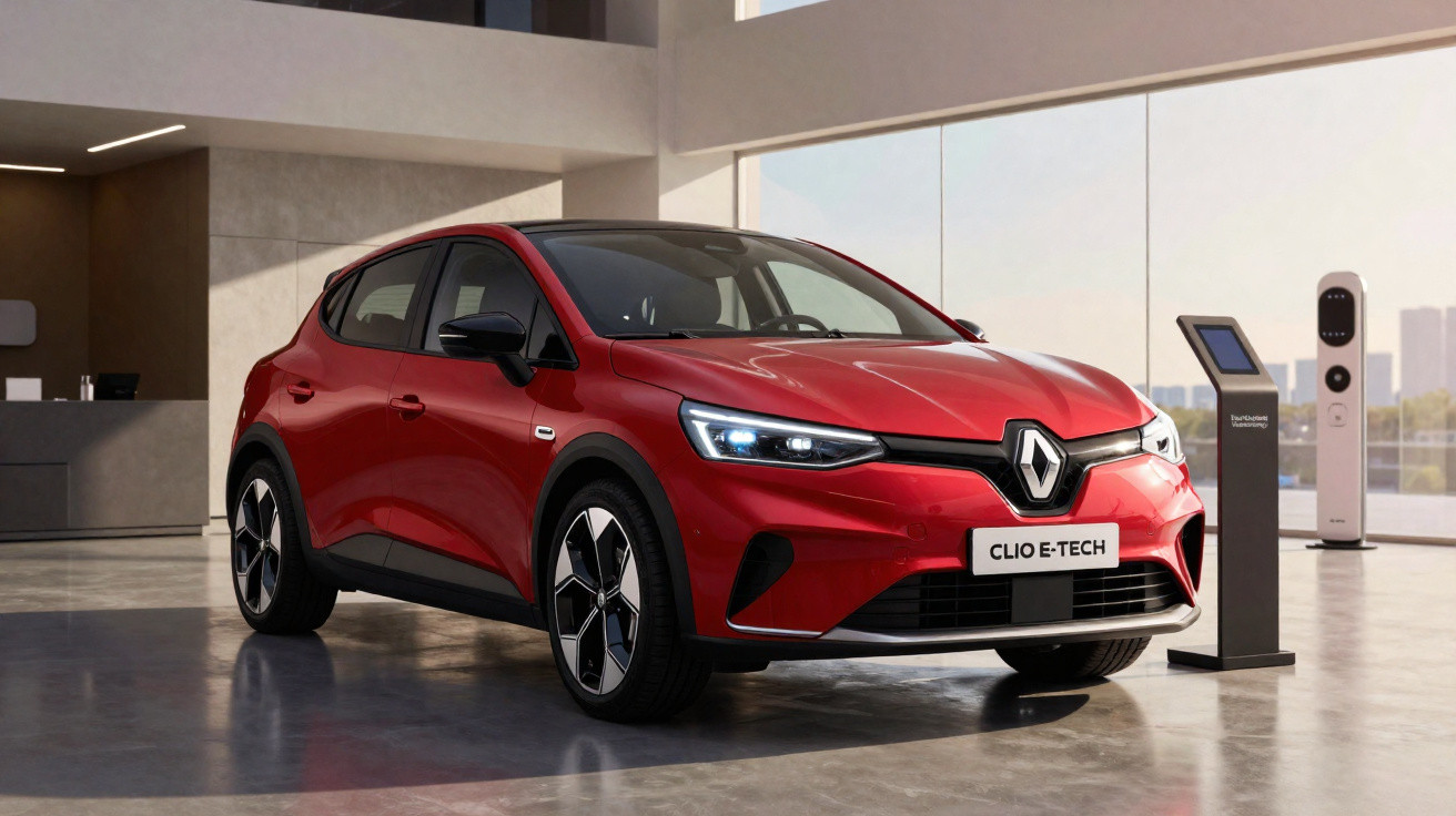 Carro vermelho Renault Clio E-Tech elétrico em showroom moderno com estação de recarga ao lado.