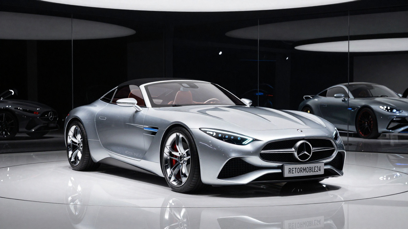 Carro esportivo prata Mercedes-Benz conversível em exposição com reflexos no chão e espelhos ao fundo.
