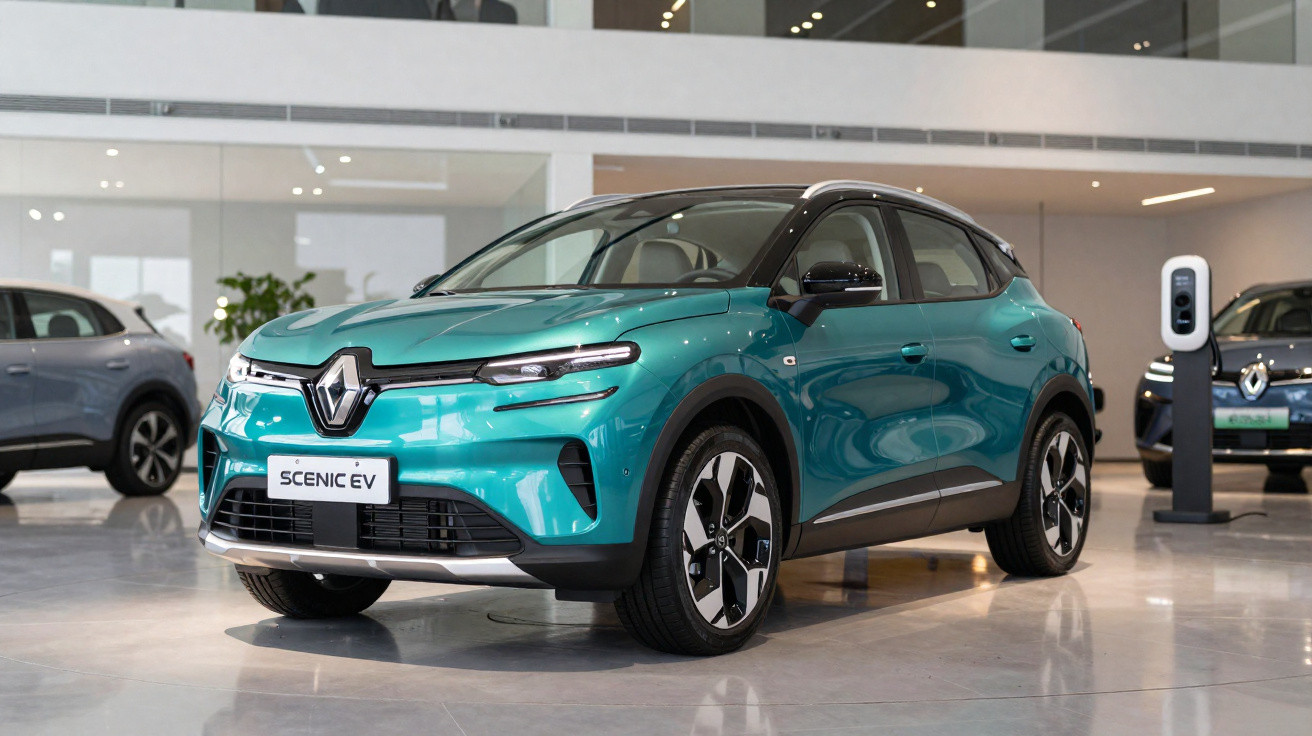 Carro elétrico Renault Scenic EV azul em exposição dentro de showroom moderno.