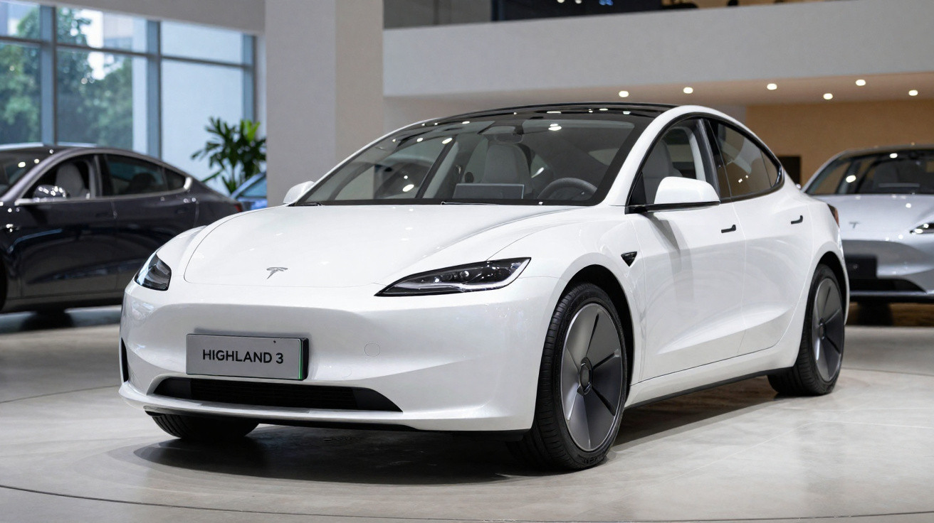 Carro elétrico branco modelo Highland 3 exibido em showroom moderno e iluminado.