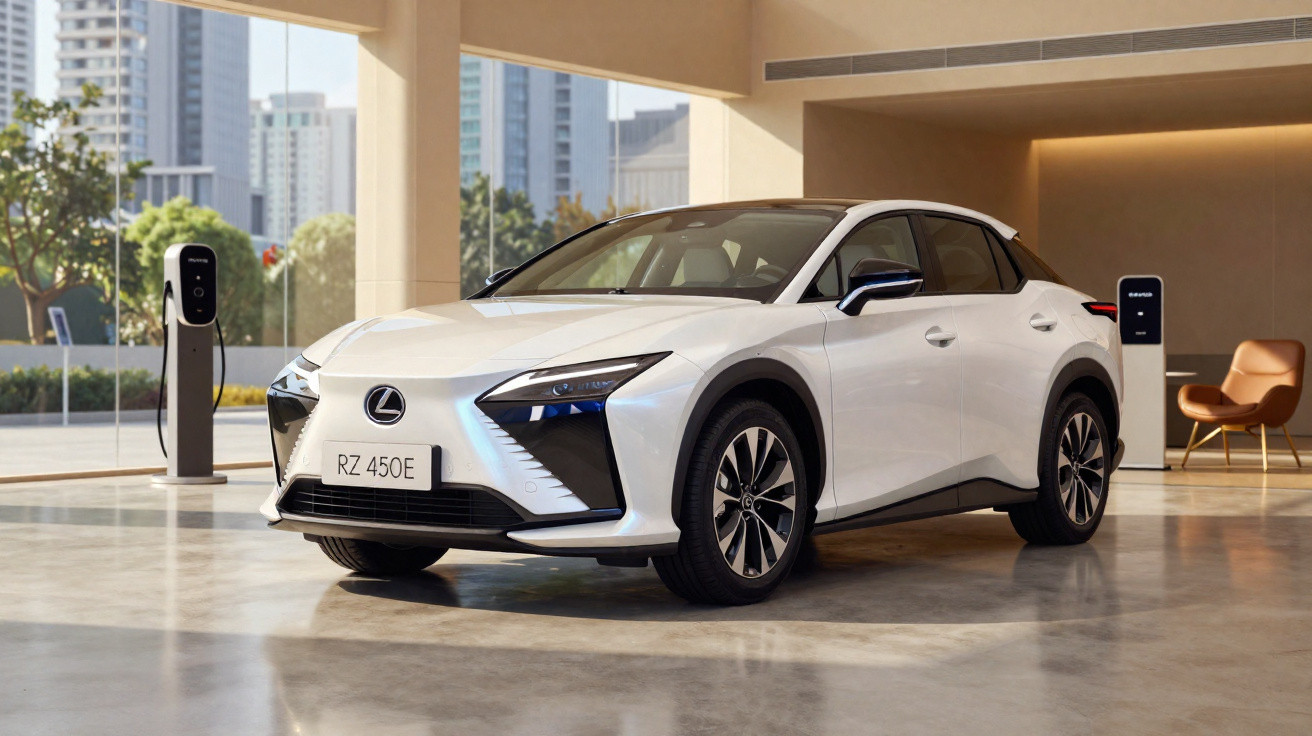 Carro elétrico branco Lexus RZ 450e estacionado em ambiente moderno com estações de recarga elétrica.