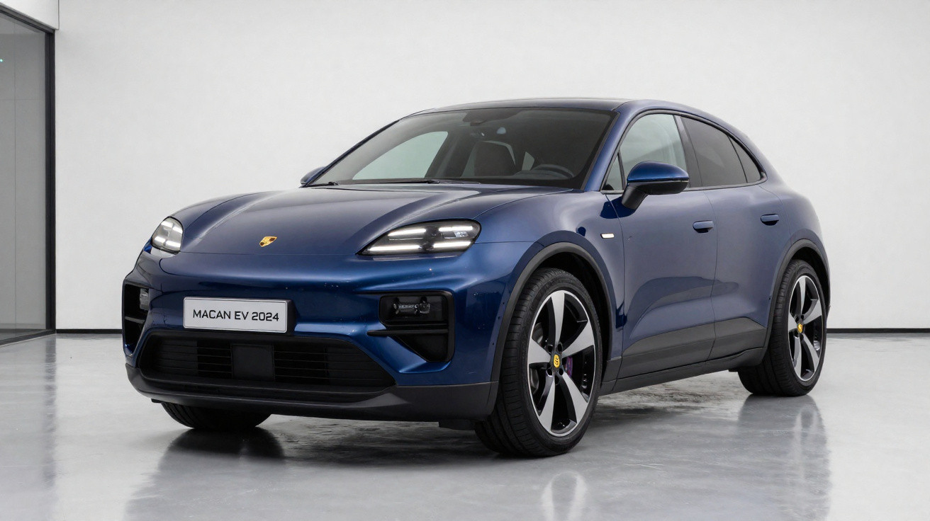 Carro elétrico Porsche Macan EV 2024 azul em ambiente interno com piso refletivo.