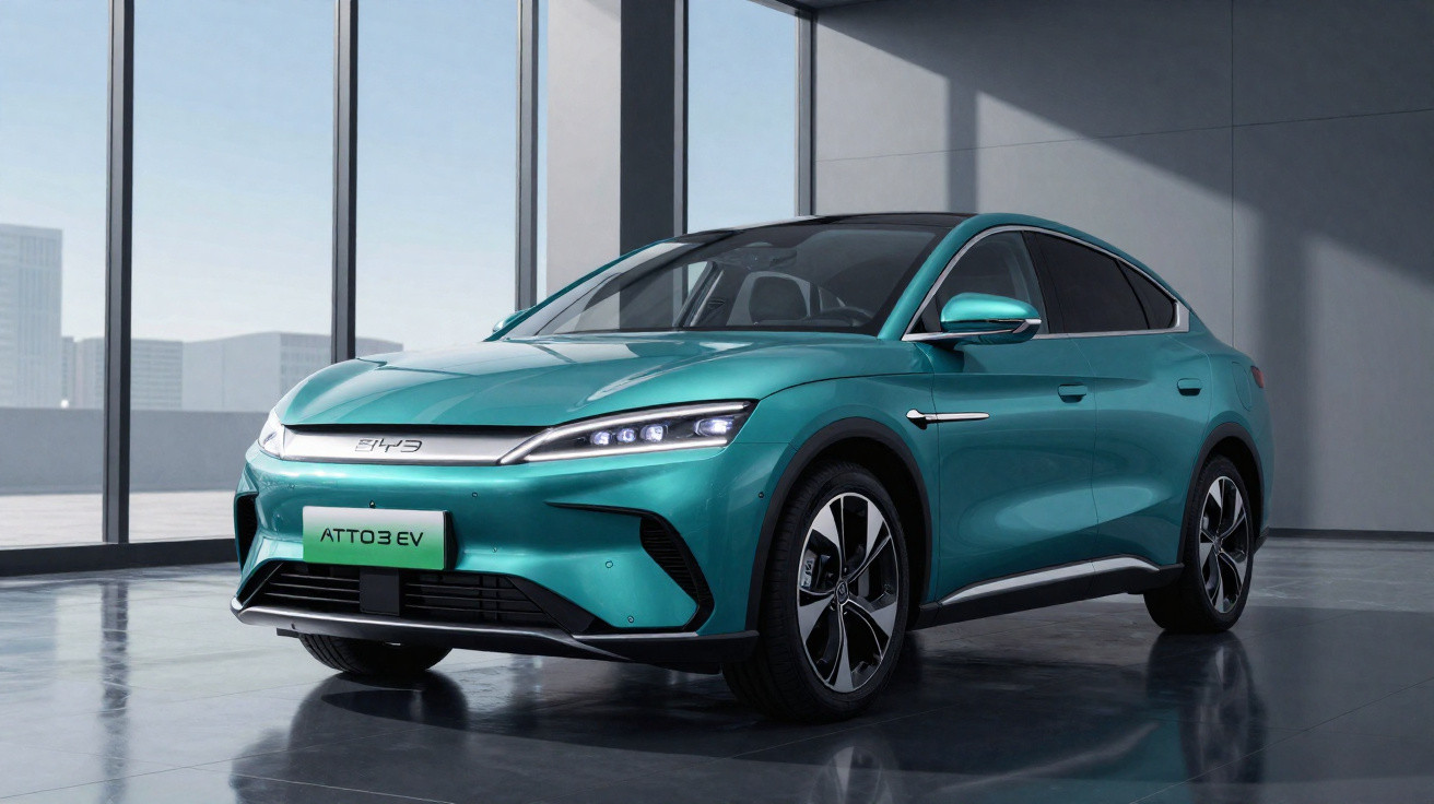 Carro elétrico BYD ATTO 3 EV verde exibido em ambiente interno com janelas amplas.