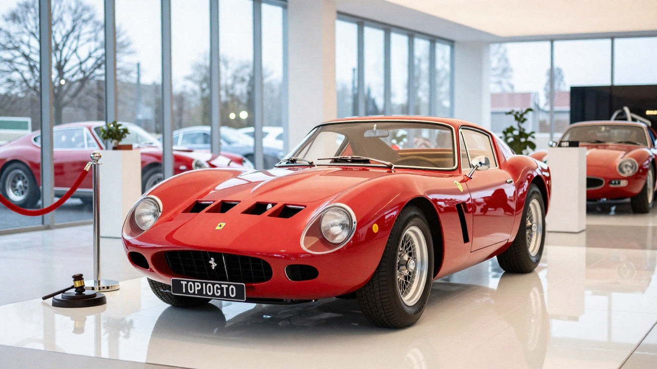 Carro esportivo clássico Ferrari vermelho exposto em museu com outras Ferraris ao fundo.