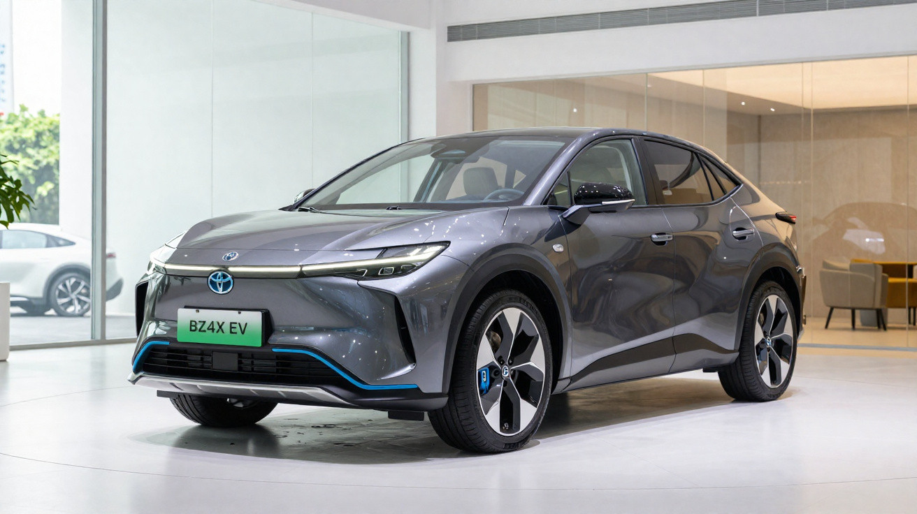 Carro elétrico Toyota BZ4X cinza exibido em ambiente interno moderno, com design futurista e rodas esportivas.