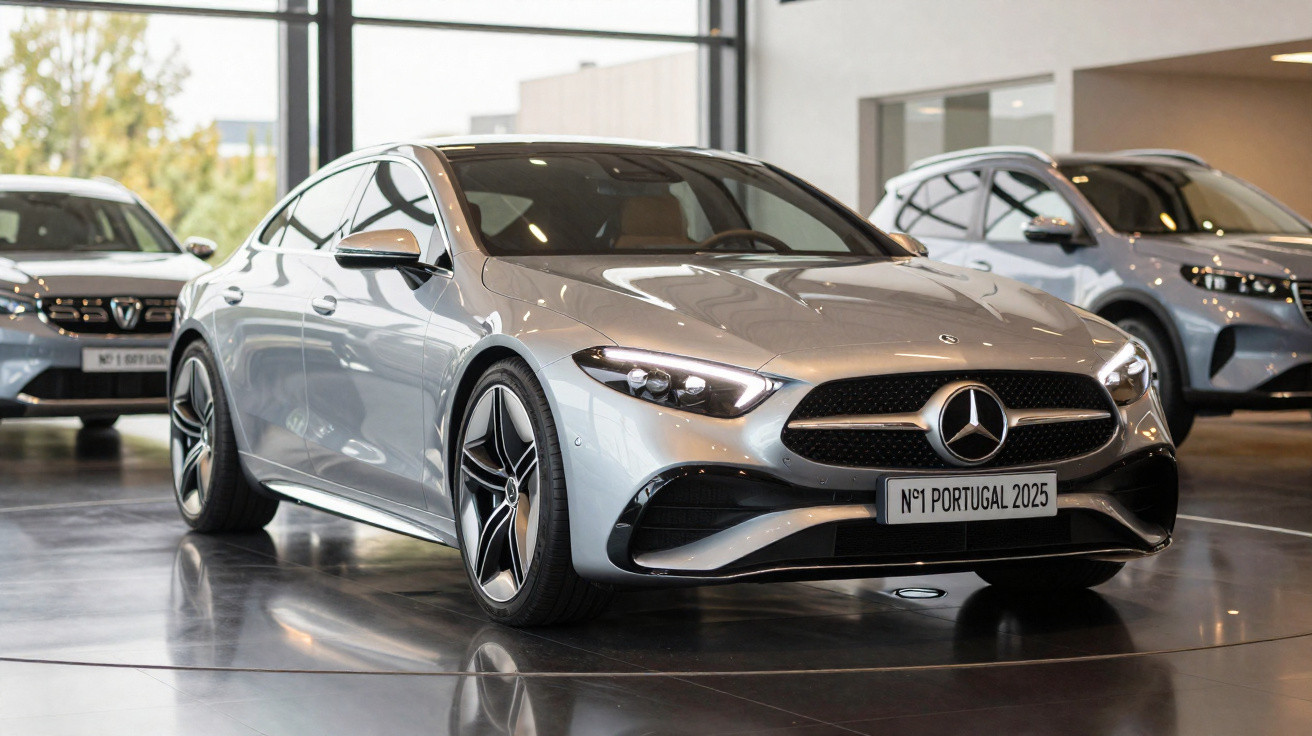 Carro esportivo prata Mercedes-Benz exibido em showroom moderno com janelas amplas e reflexo no piso.