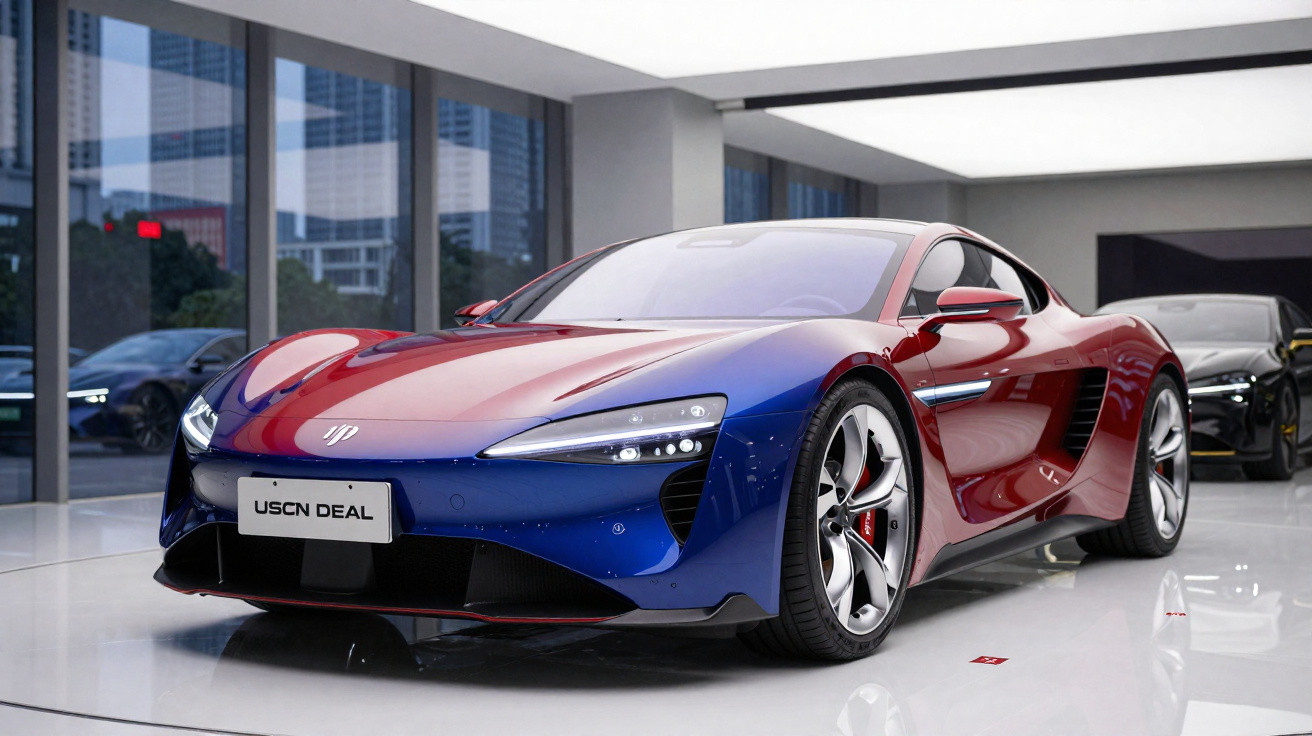 Carro esportivo bicolor azul e vermelho em exposição indoor com design aerodinâmico e rodas prateadas.