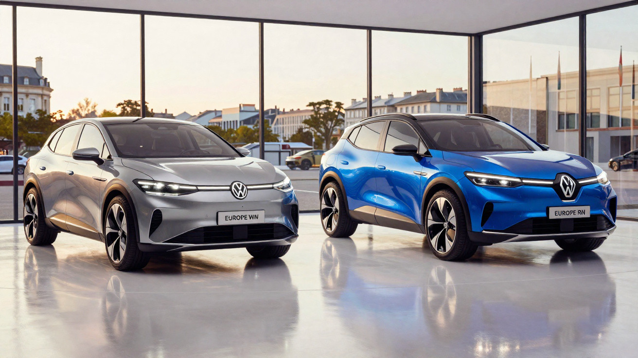 Dois carros elétricos Volkswagen, um prata e um azul, em ambiente interno com janelas grandes ao fundo.