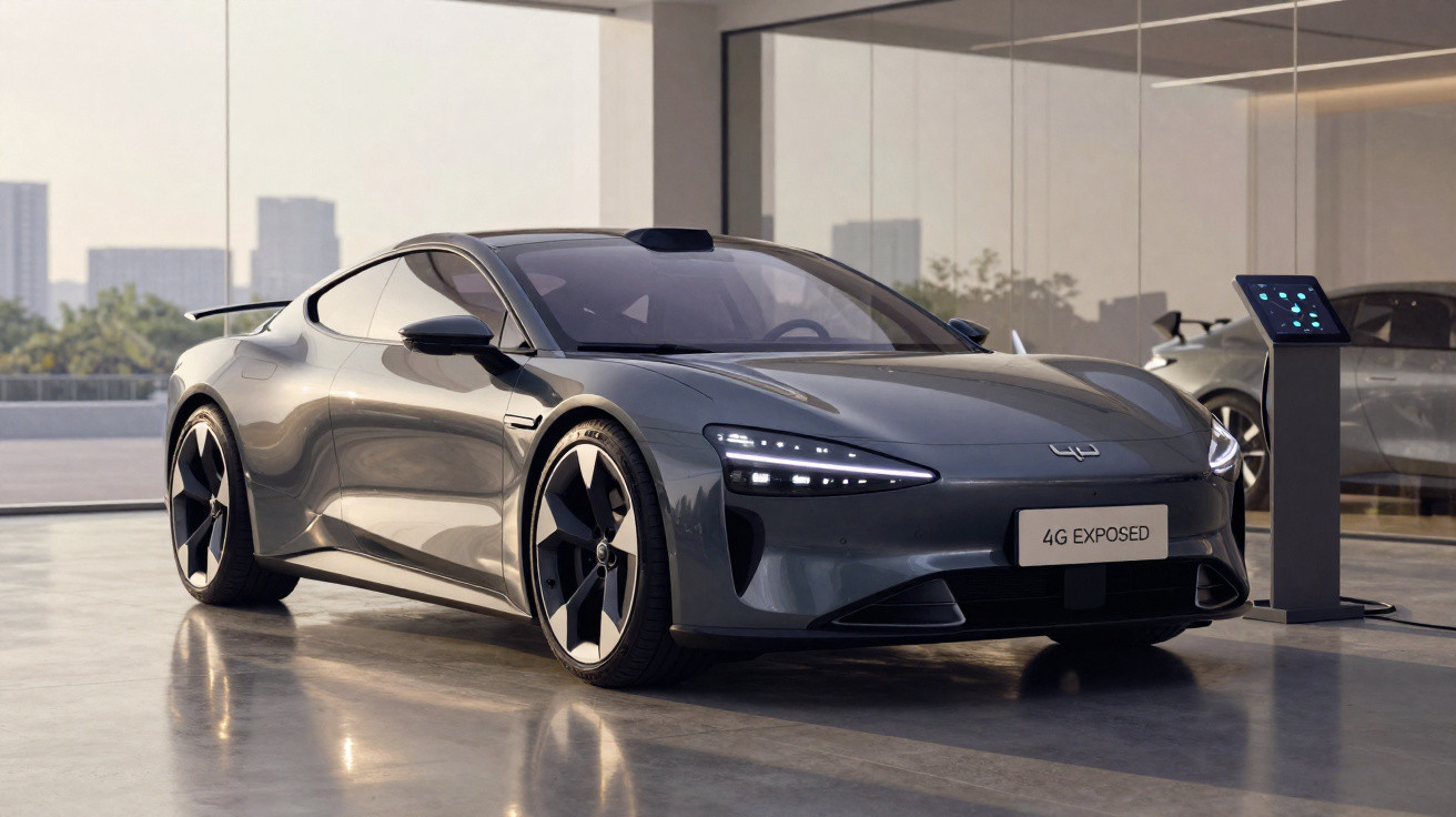 Carro esportivo elétrico cinza estacionado em ambiente moderno com painel de controle digital ao lado.