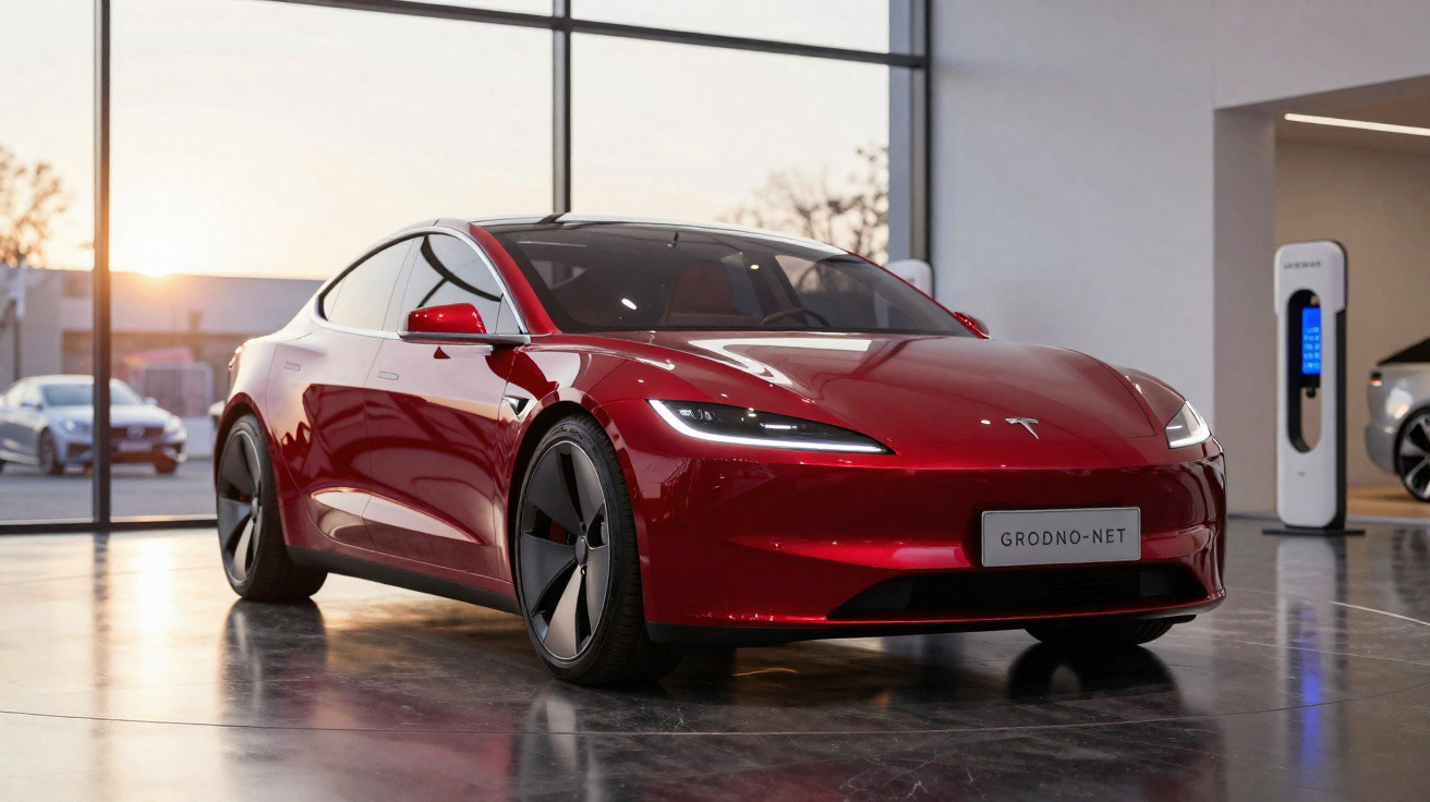 Carro elétrico Tesla Model S vermelho estacionado em showroom moderno com grande janela ao fundo.