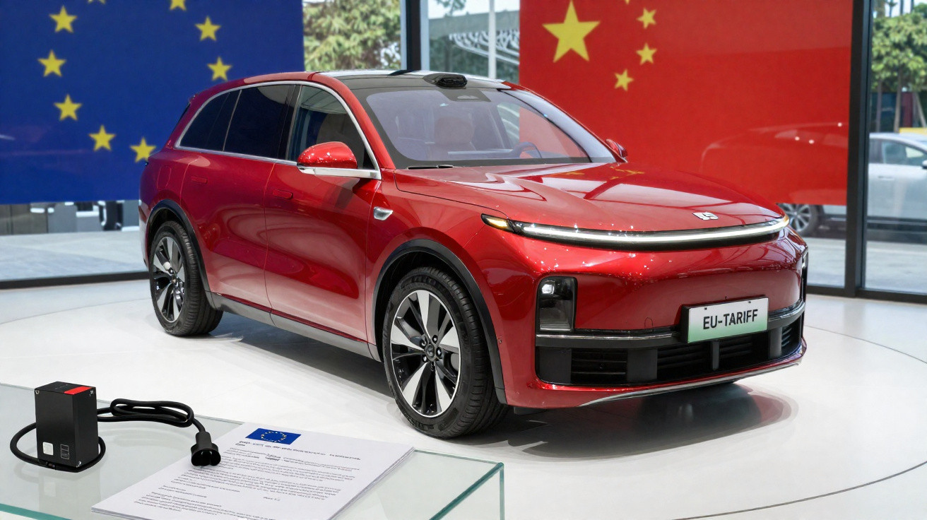 Carro elétrico vermelho em exposição com bandeiras da União Europeia e China ao fundo.