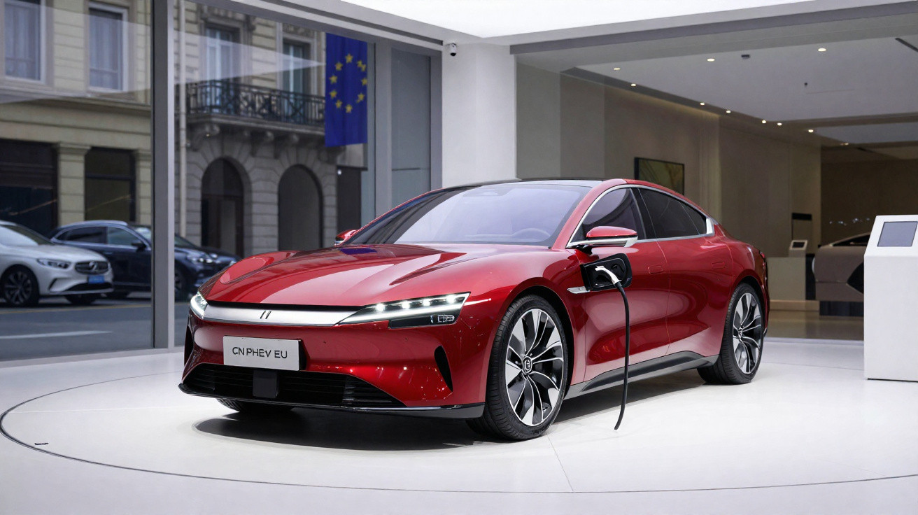Carro elétrico vermelho plugado para recarga em ambiente interno moderno, vista frontal lateral.