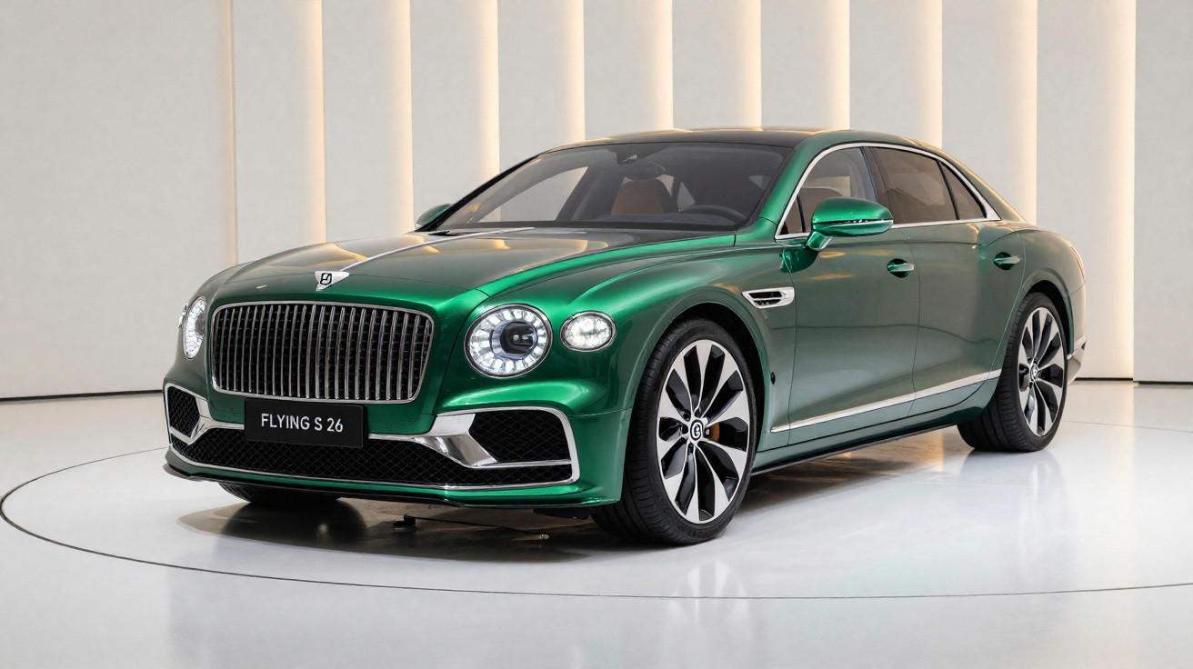 Carro de luxo Bentley Flying S 26 verde com design moderno em ambiente neutro e iluminado.