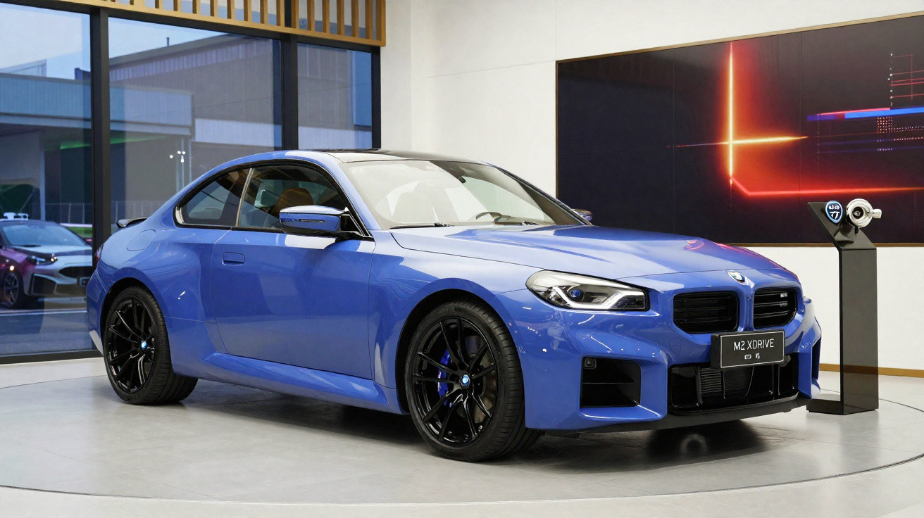 Carro esportivo azul BMW M2 xDrive exposto em ambiente interno moderno com roda preta e detalhes aerodinâmicos.